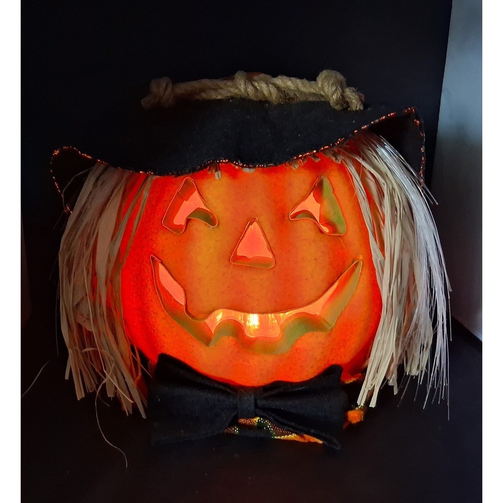Vintage Halloween Scarecrow Pumpkin Light Jack-O-Lantern Plaid Hat 8.5" Decor